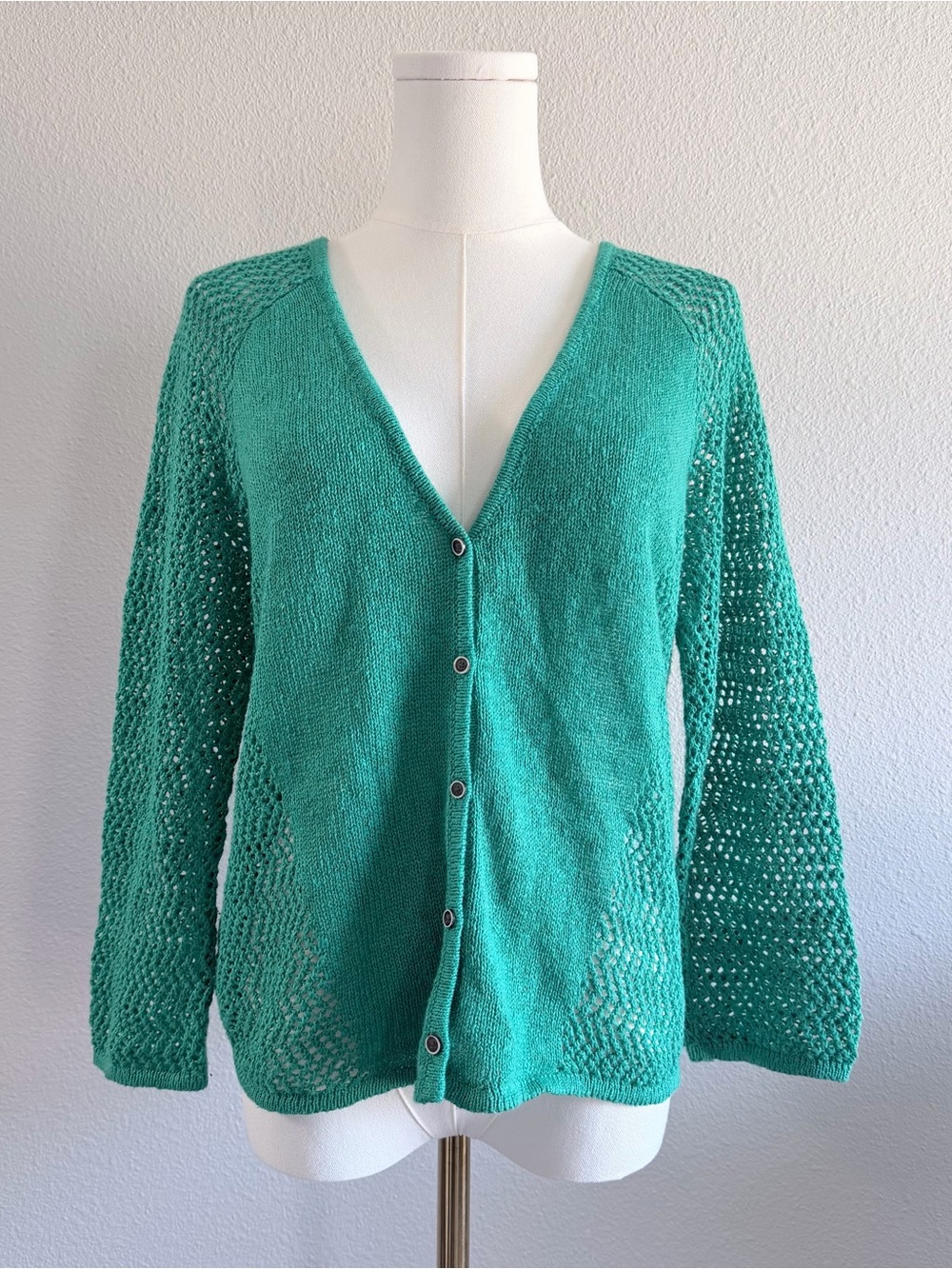 Lucky Brand Green Crocheted Cardigan Button-Down Size L Casual lightweight